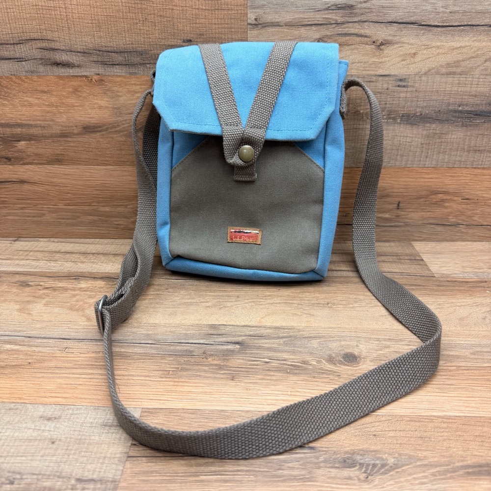 L.L. Bean Blue Brown Canvas Small Utility Hiking Outdoor Travel Crossbody Bag - Picture 2 of 5